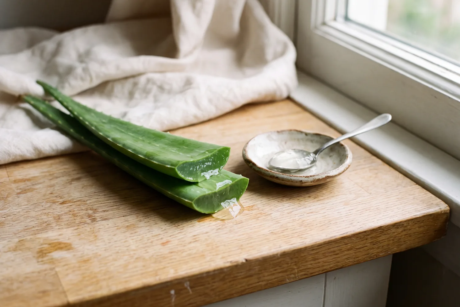 Fresh aloe leaves cut open to show clear gel on an oak counter by a window.