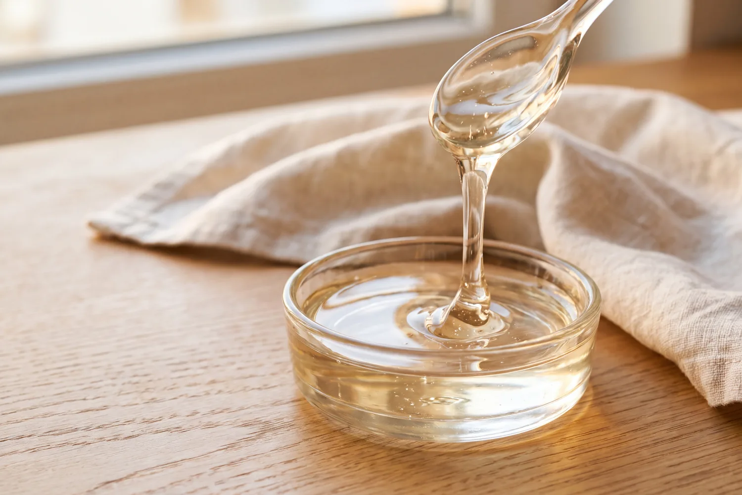 A glass spoon letting clear glycerin fall into a glass dish on an oak counter by a window.
