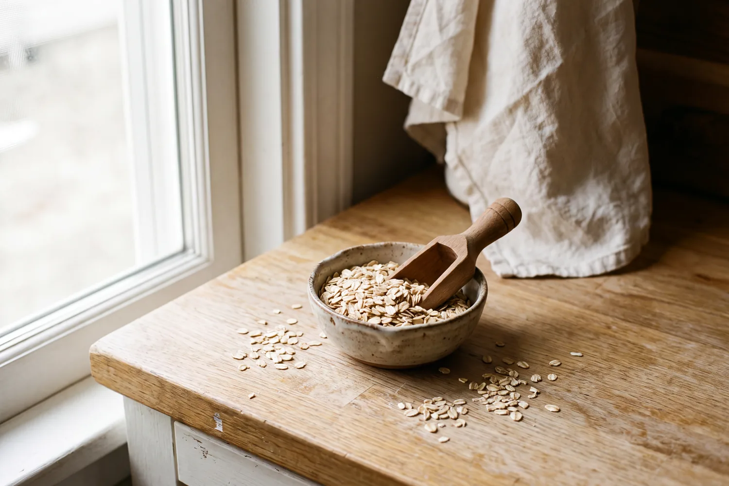 Rolled oats in a ceramic bowl with a wooden scoop, a few oats scattered on an oak counter.