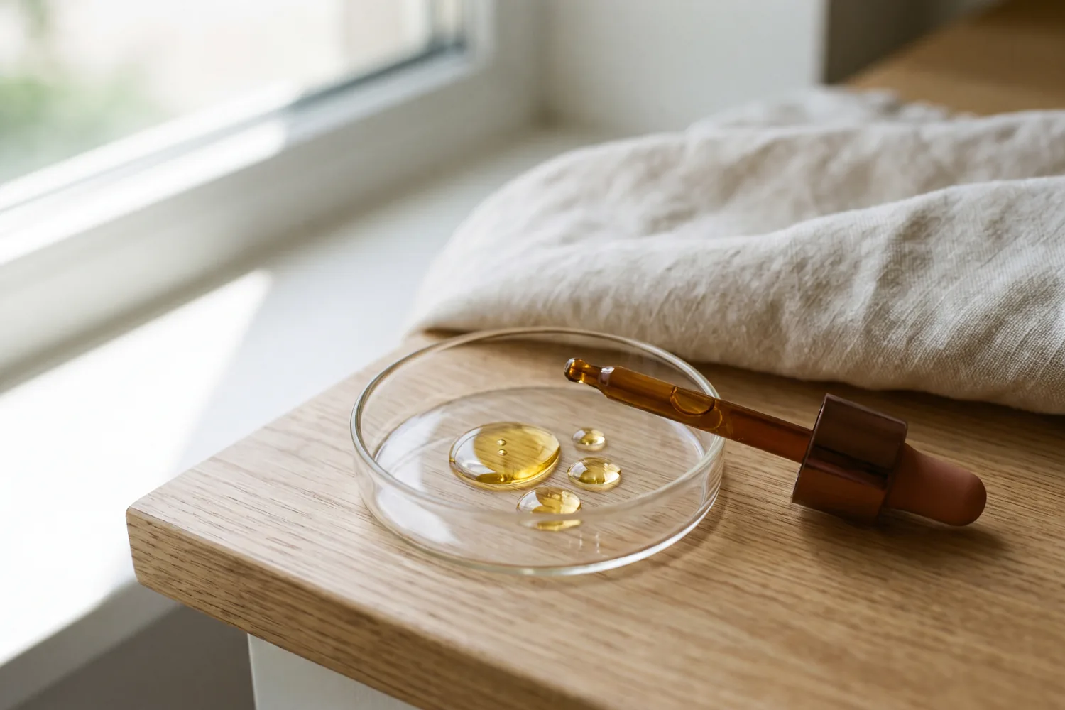Golden drops of vitamin E oil in a glass dish beside an amber dropper on an oak counter.