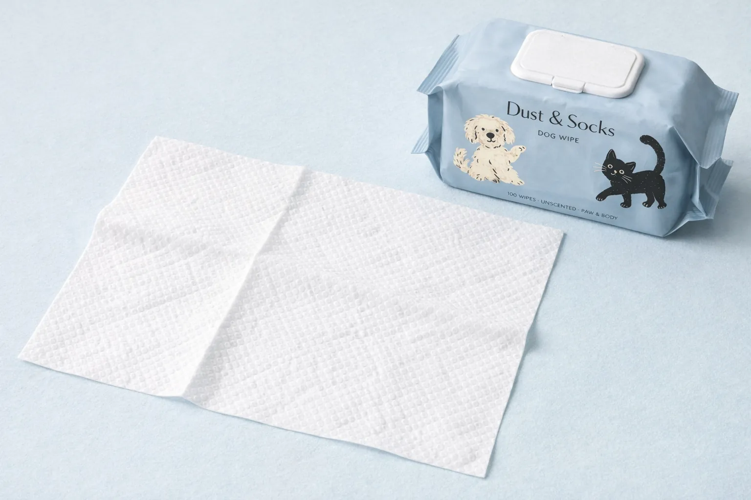 One large textured wipe laid flat beside the pouch.