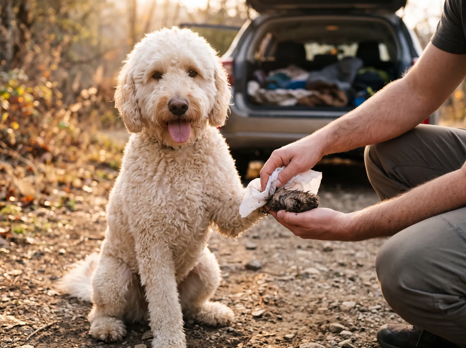 Hands wiping a doodle’s muddy paw at a trailhead, the car boot open behind them.
